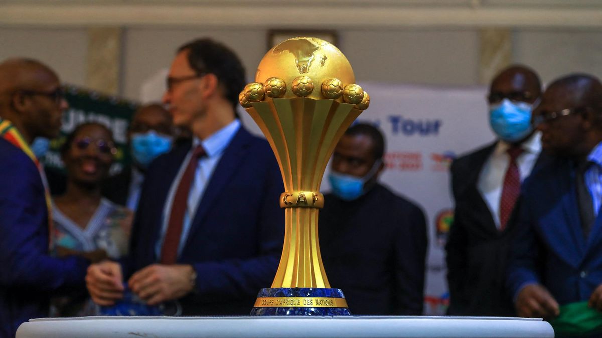 The trophy of the African Cup of Nations, presented on December 7, 2021 by the General Manager of Total Energie in Cameroon Adrien Bechonnet to Narcisse Mouelle Kombi, Cameroonian Minister of Sports and Physical Education.