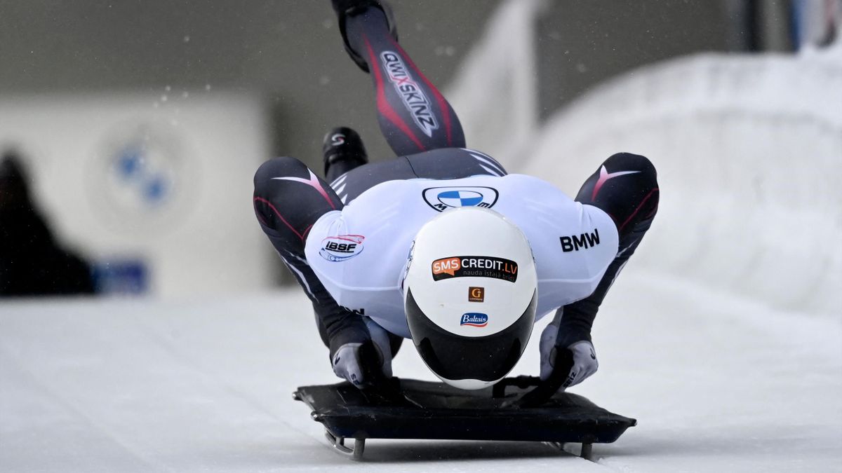 Latvia's Martins Dukurs competes in the first run of the men's skeleton competition of the IBSF Bob and Skeleton World Cup in Winterberg, western Germany, on January 7, 2022