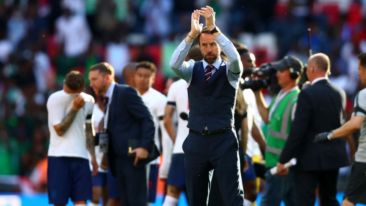 Gareth Southgate Manager of England shows appreciation to the fans after the International Friendly match between England and Nigeria at Wembley Stadium on June 2, 2018 in London, England