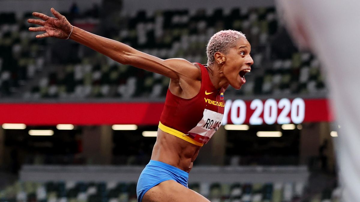 Yulimar Rojas of Team Venezuela celebrates in the Women's Triple Jump Final on day nine of the Tokyo 2020 Olympic Games at Olympic Stadium on August 01, 2021 in Tokyo, Japan. Rojas set a new world record at 15.67m