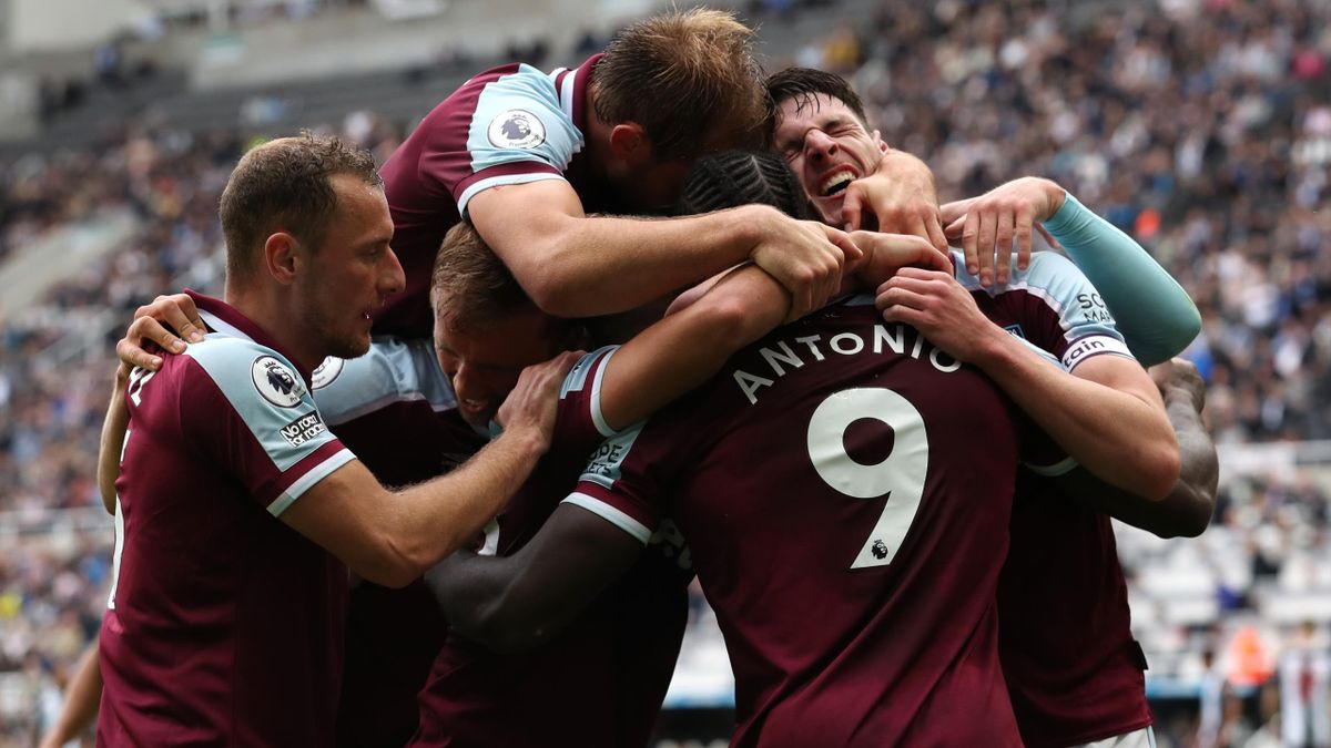 Michail Antonio of West Ham United celebrates with Declan Rice, Said Benrahma and Tomas Soucek after scoring their side's fourth goal during the Premier League match between Newcastle United and West Ham United at St. James Park on August 15, 2021.