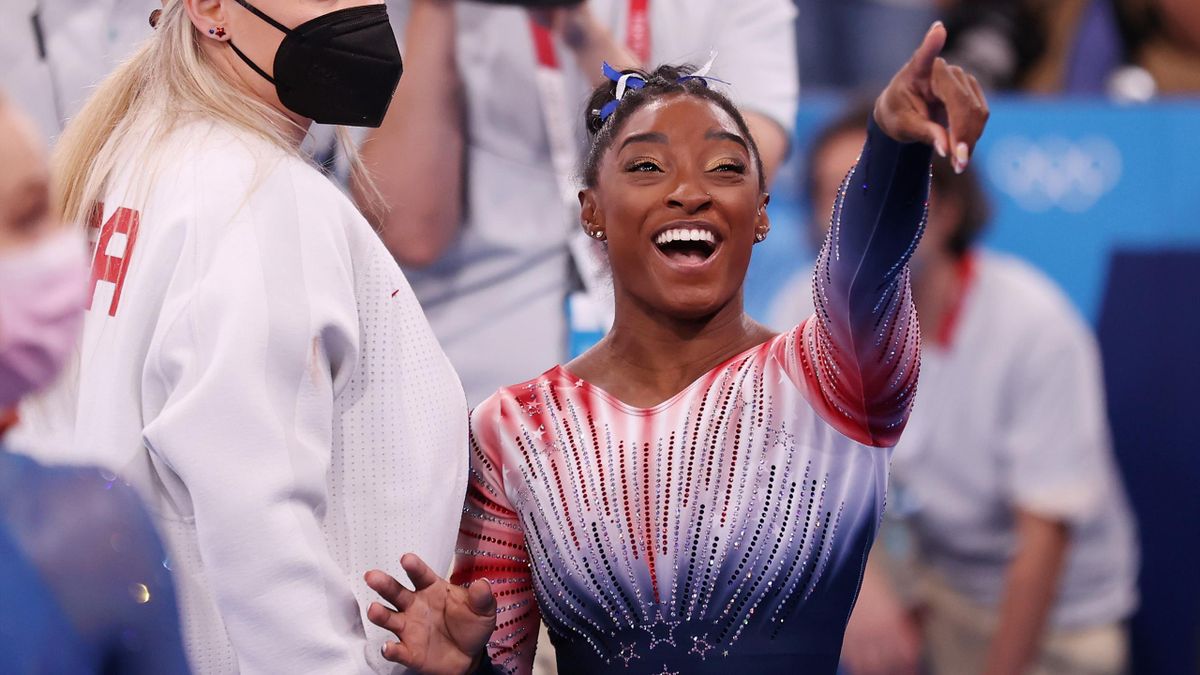 Simone Biles of Team United States reacts during the Women's Balance Beam Final on day eleven of the Tokyo 2020 Olympic Games