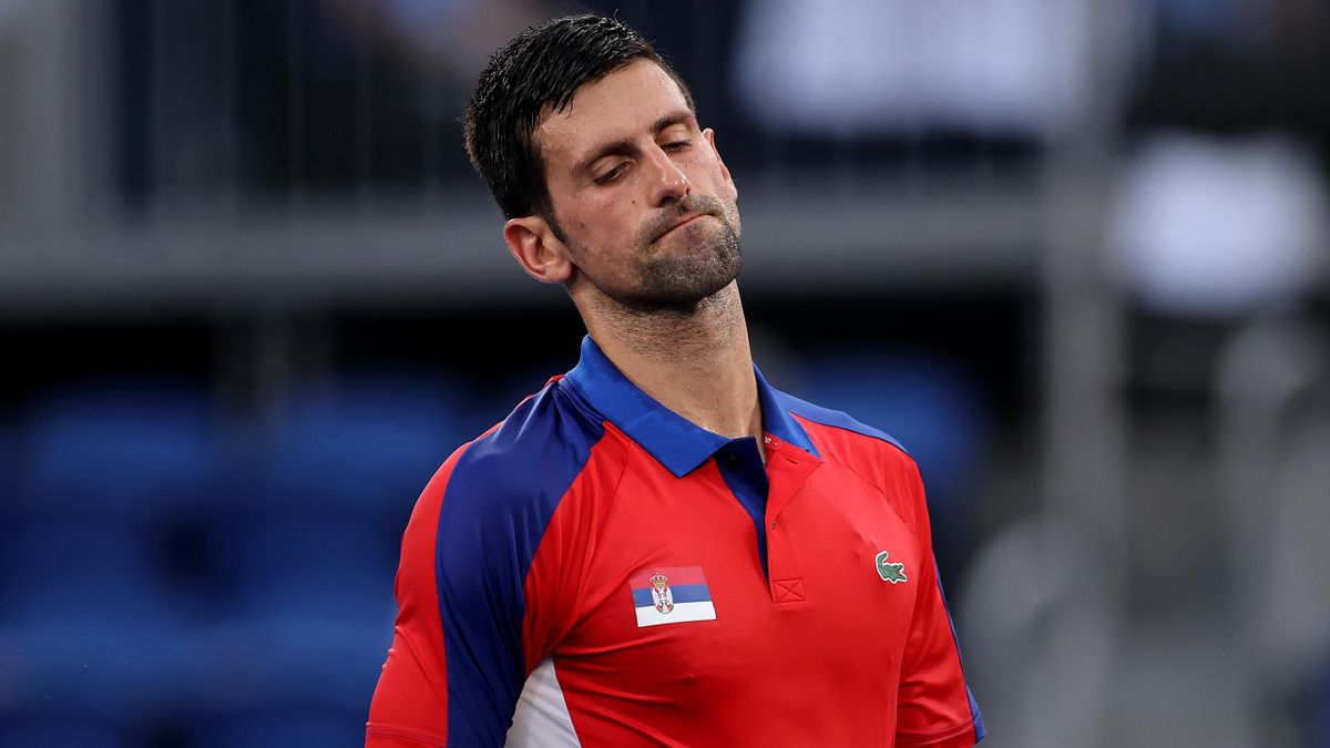 Novak Djokovic of Team Serbia reacts during his Men's Singles Semifinal match against Alexander Zverev of Team Germany