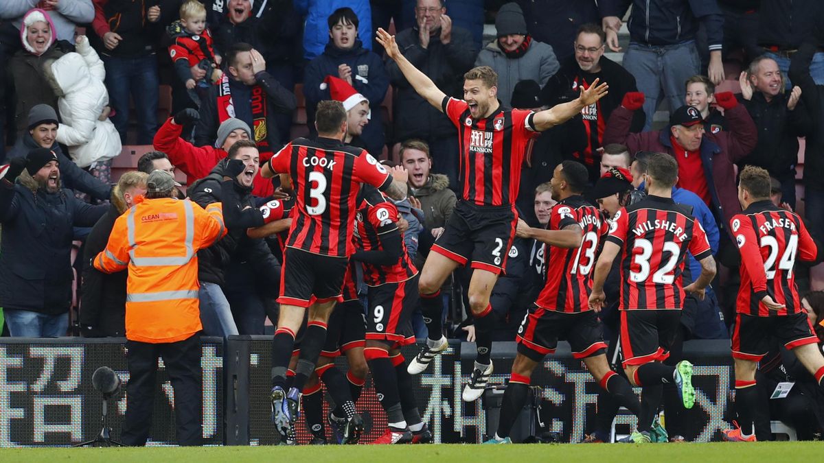 Bournemouth celebrate their late winner against Liverpool