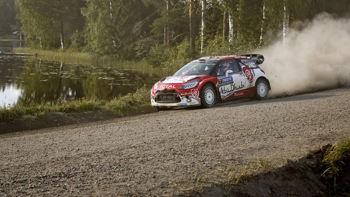 British driver Kris Meeke and Irish co-driver Paul Nagle with their Citroen DS3 WRC during the second day of Neste Rally Finland of FIA World Rally Championship at Surkee special stage in Jyvaskyla, Finland July 29 2016.