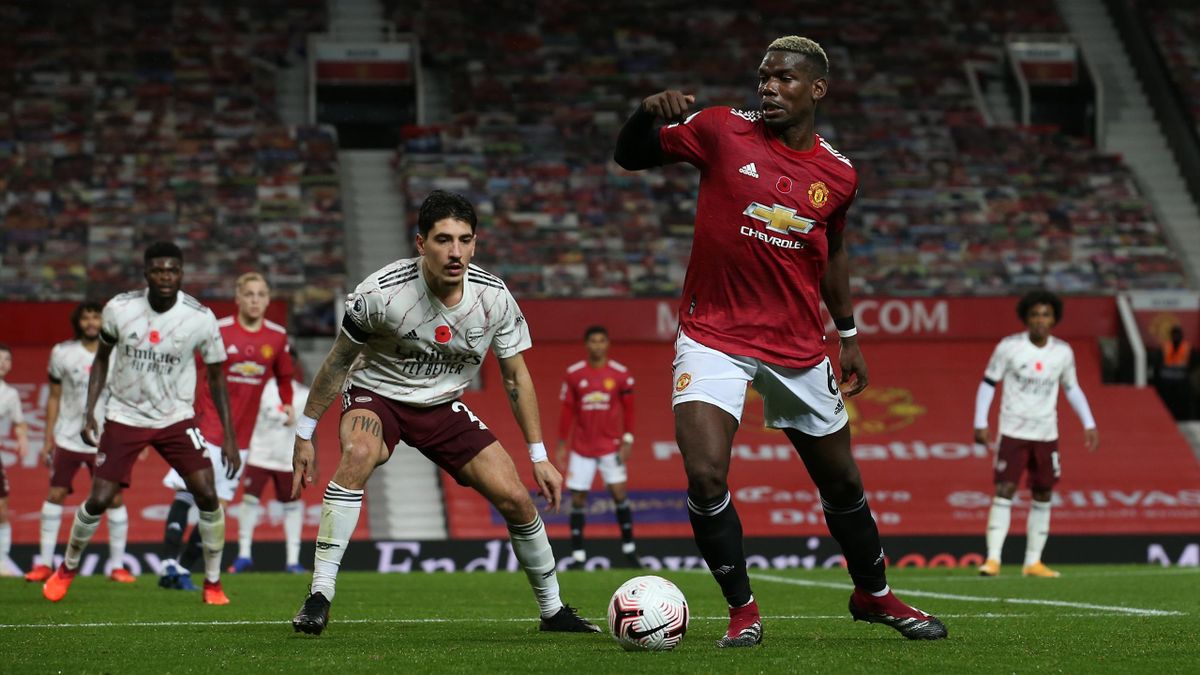 Paul Pogba von Manchester United im Duell mit Héctor Bellerín vom FC Arsenal. Beide Klubs sollten zu den Gründungsmitgliedern der gescheiterten Super League gehören