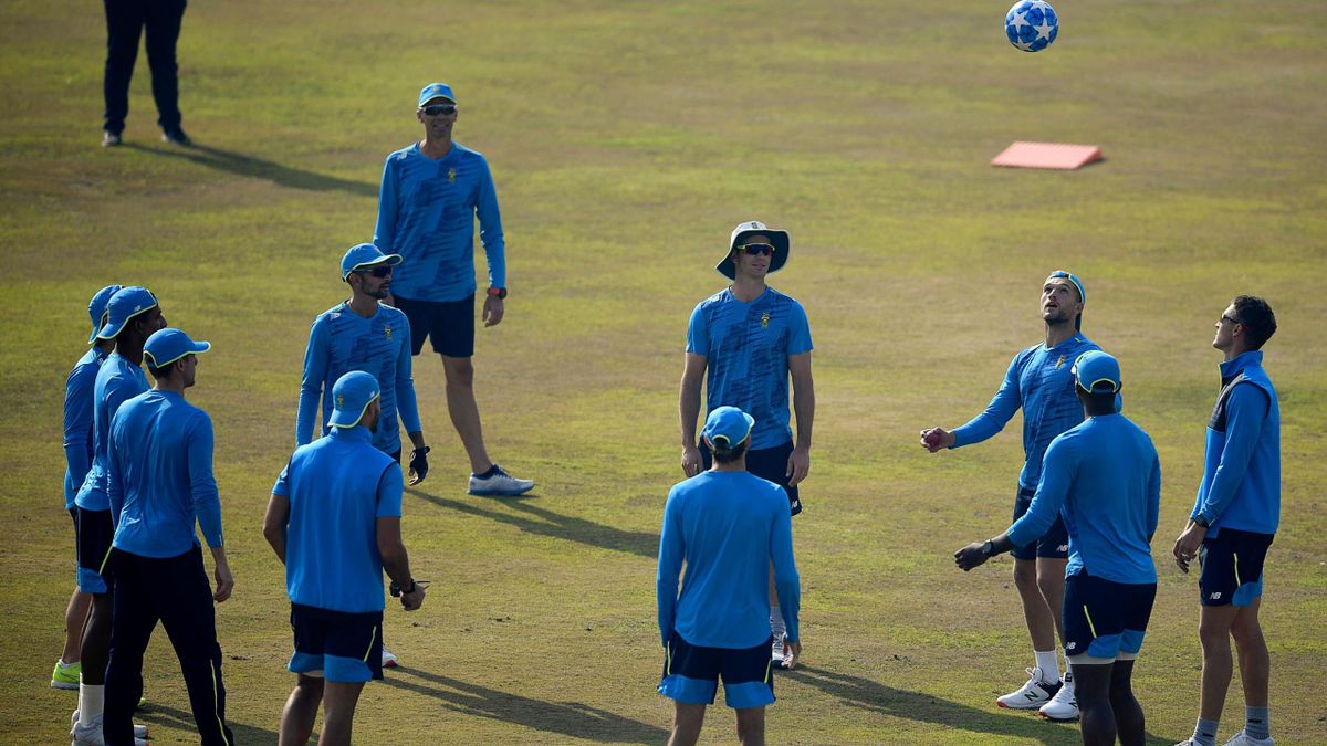 South Africa's players take part in a practice session at the Rawalpindi Cricket Stadium