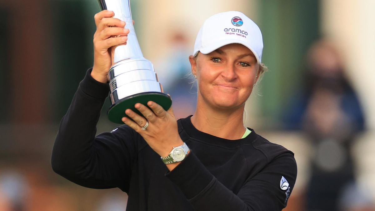 Anna Nordqvist of Sweden lifts the AIG Women's Open trophy during Day Four of the AIG Women's Open at Carnoustie Golf Links on August 22, 2021 in Carnoustie, Scotland.