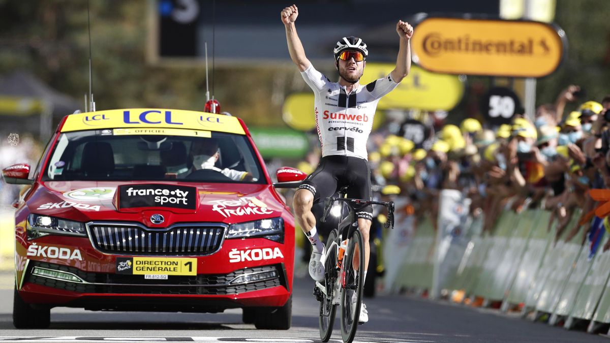 Marc Hirschi of Switzerland and Team Sunweb / Celebration / during the 107th Tour de France 2020, Stage 12 a 218km stage from Chauvigny to Sarran Corrèze