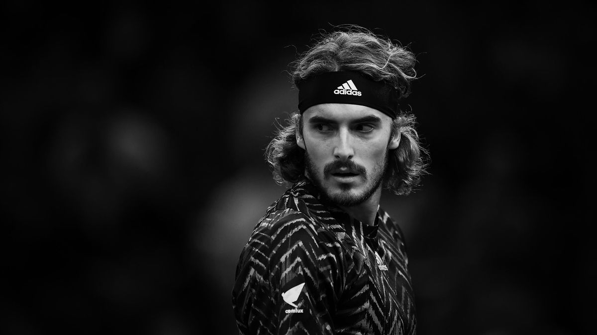 This image was converted to black and white) Stefanos Tsitipas of Greece looks on during singles match against against Alexei Popyrin of Australia on Day Three of the Rolex Paris Masters at AccorHotels Arena on November 03, 2021 in Paris, France