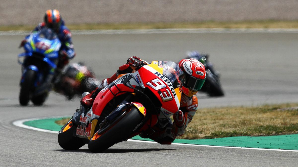 Marc Marquez of Spain and Repsol Honda Team in action during the MotoGP of Germany at Sachsenring Circuit on July 07, 2019 in Hohenstein-Ernstthal, Germany.