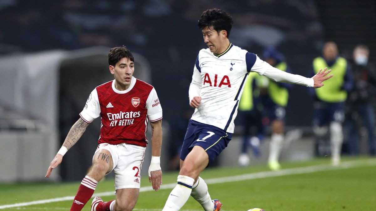 Hector Bellerin of Arsenal is put under pressure by Son Heung-Min