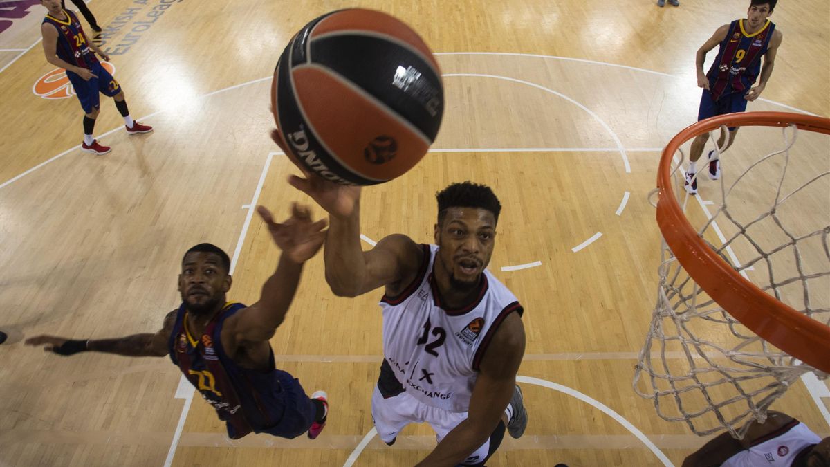 Jeff Brooks, #32 of AX Armani Exchange Milan in action during the 2020/2021 Turkish Airlines EuroLeague Regular Season Round 13 match between FC Barcelona and AX Armani Exchange Milan at Palau Blaugrana on December 11, 2020 in Barcelona