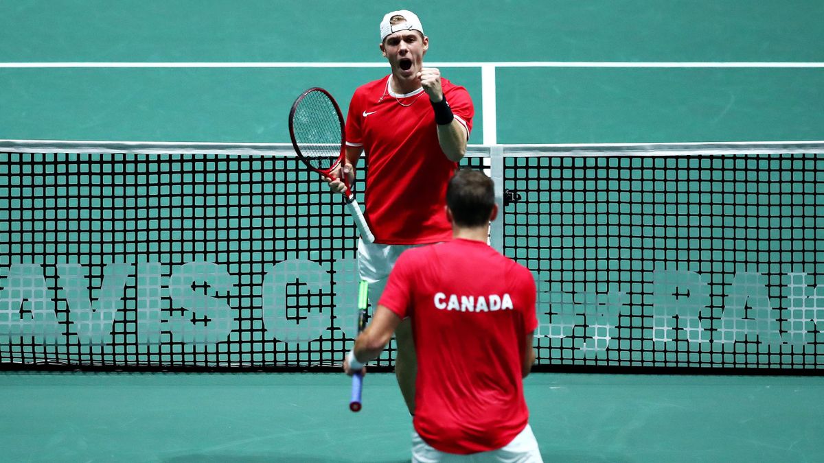 Vasek Pospisil (bottom) and Denis Shapovalov (top) of Canada celebrate winning the first set in the quarter final doubles match between Australia and Canada during Day Four of the 2019 Davis Cup