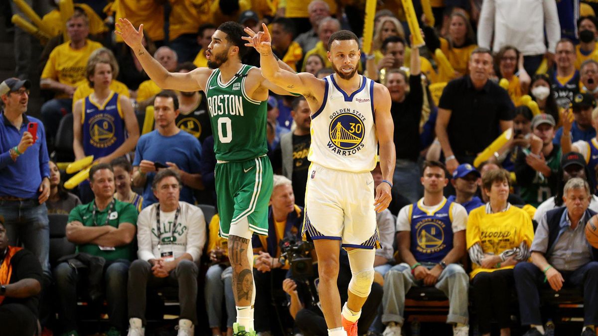 Stephen Curry #30 of the Golden State Warriors reacts during the third quarter against the Boston Celtics in Game Two of the 2022 NBA Finals at Chase Center on June 05, 2022 in San Francisco, California