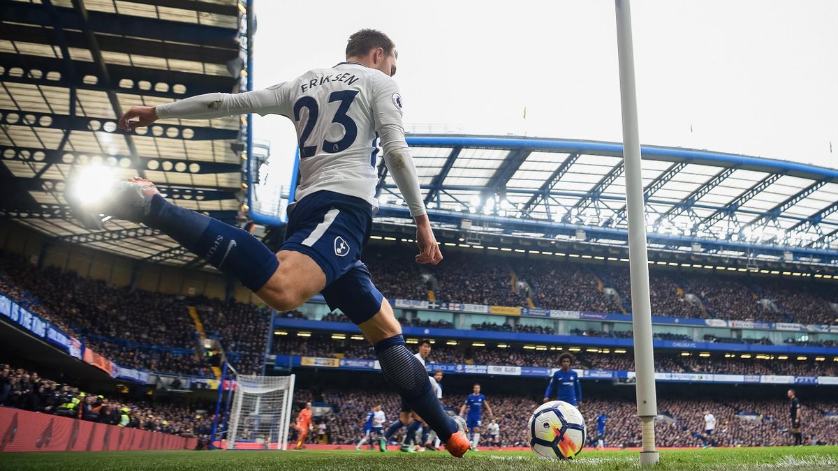 Christian Eriksen of Spurs takes a corner during the Premier League match between Chelsea and Tottenham Hotspur at Stamford Bridge on April 1, 2018