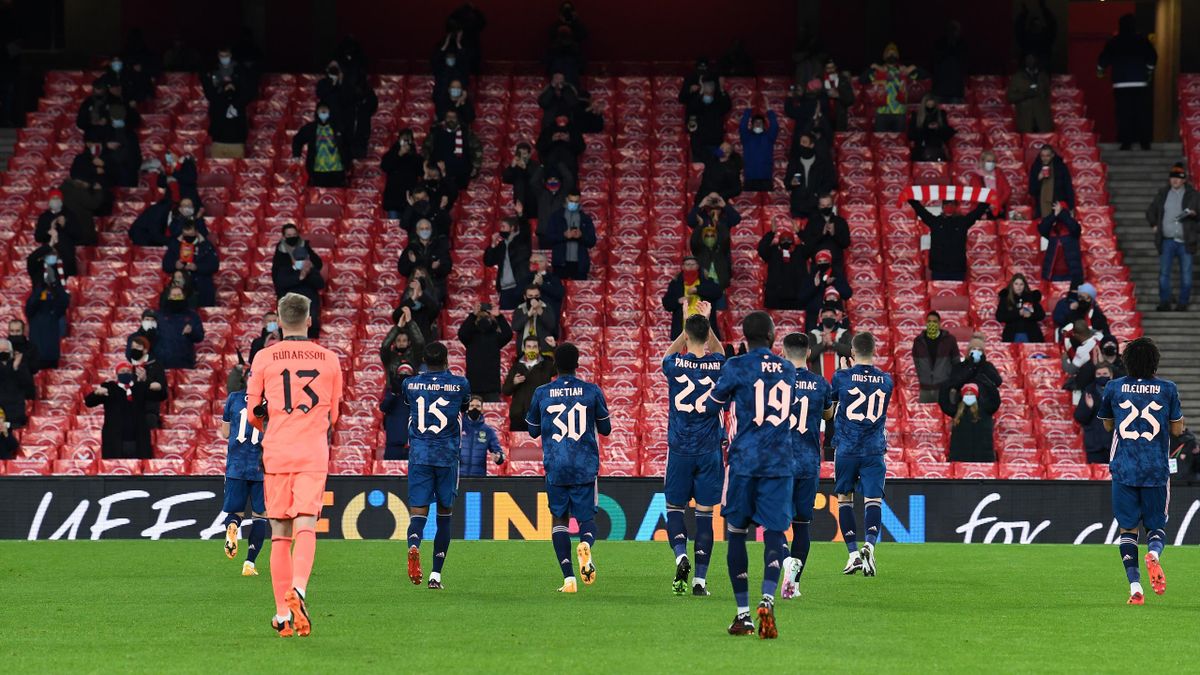 The Arsenal players claps the fans before the UEFA Europa League Group B stage match between Arsenal FC and Rapid Wien at Emirates Stadium on December 03, 2020 in London, England.