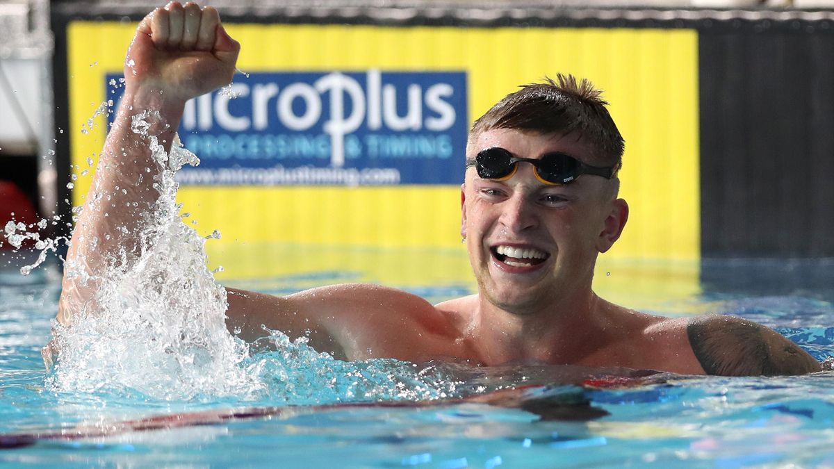 Gold medalist Britain's Adam Peaty celebrates winning the men's 100m breaststroke swimming during the 2018 European Championships in Glasgow