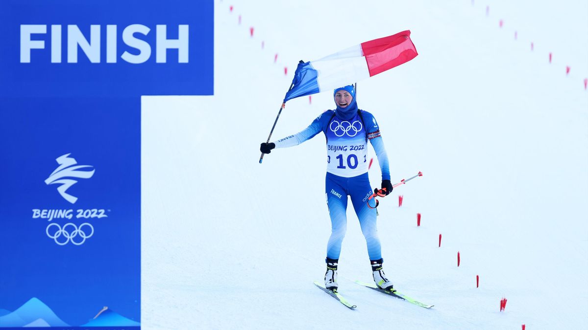 Justine Braisaz-Bouchet à l'arrivée de la mass-start des Jeux Olympiques, le 18 février 2022 à Pékin