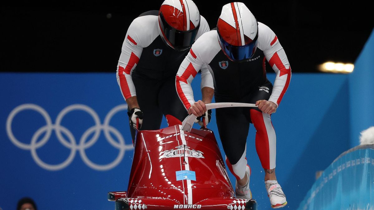Athletes Rudy Rinaldi and Boris Vain of Monaco compete in the two-man bobsleigh event at the Yanqing National Sliding Centre as part of the 2022 Winter Olympic Games.