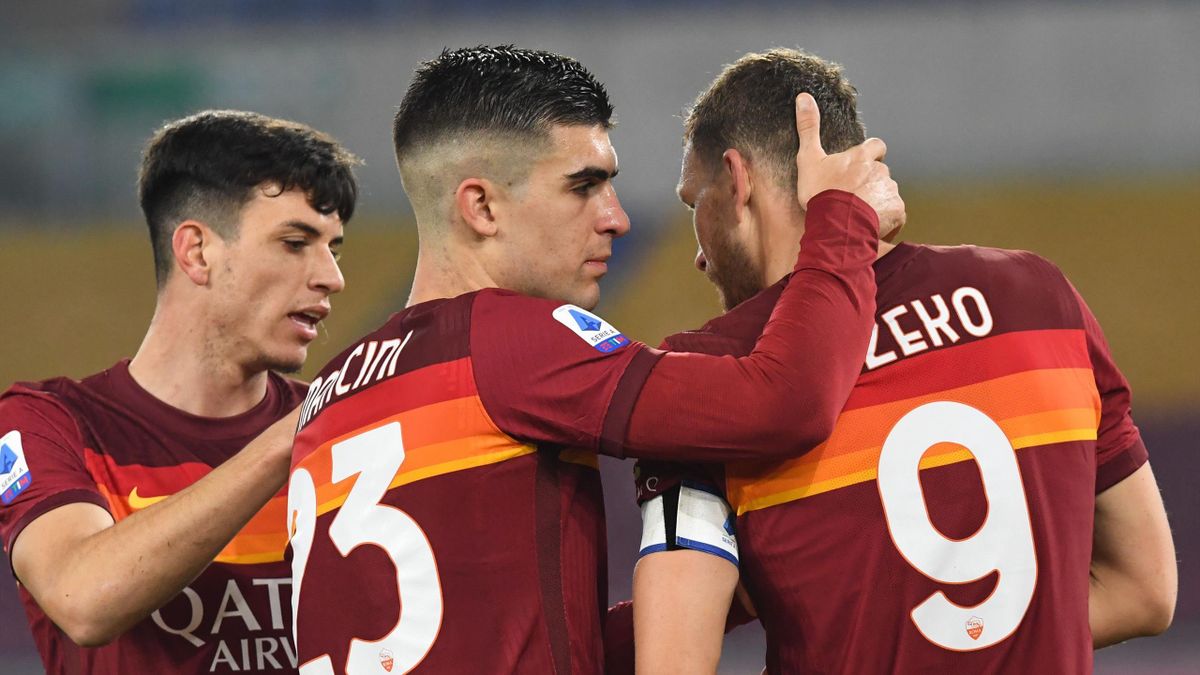 Edin Dzeko, Gianluca Mancini, Roma-Cagliari, Serie A 2020-21, Getty Images