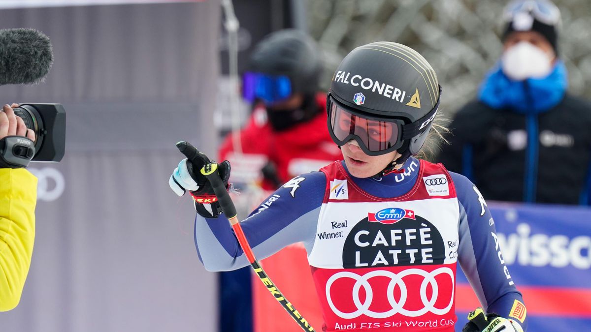 Sofia Goggia of Italy celebrates during the Audi FIS Alpine Ski World Cup Women's Downhill on January 23, 2021 in Crans Montana Switzerland