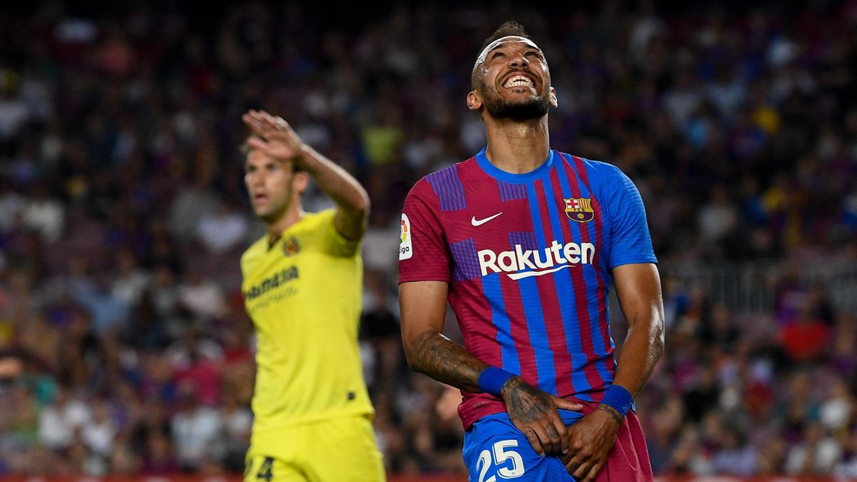 Barcelona's Gabonese midfielder Pierre-Emerick Aubameyang reacts during the Spanish League football match between FC Barcelona and Villarreal CF at the Camp Nou stadium in Barcelona on May 22, 2022.