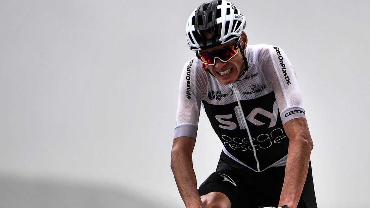 Great Britain's Christopher Froome crosses the finish line to place 8th of the 17th stage of the 105th edition of the Tour de France cycling race, between Bagneres-de-Luchon and Saint-Lary-Soulan Col du Portet, southwestern France, on July 25, 2018