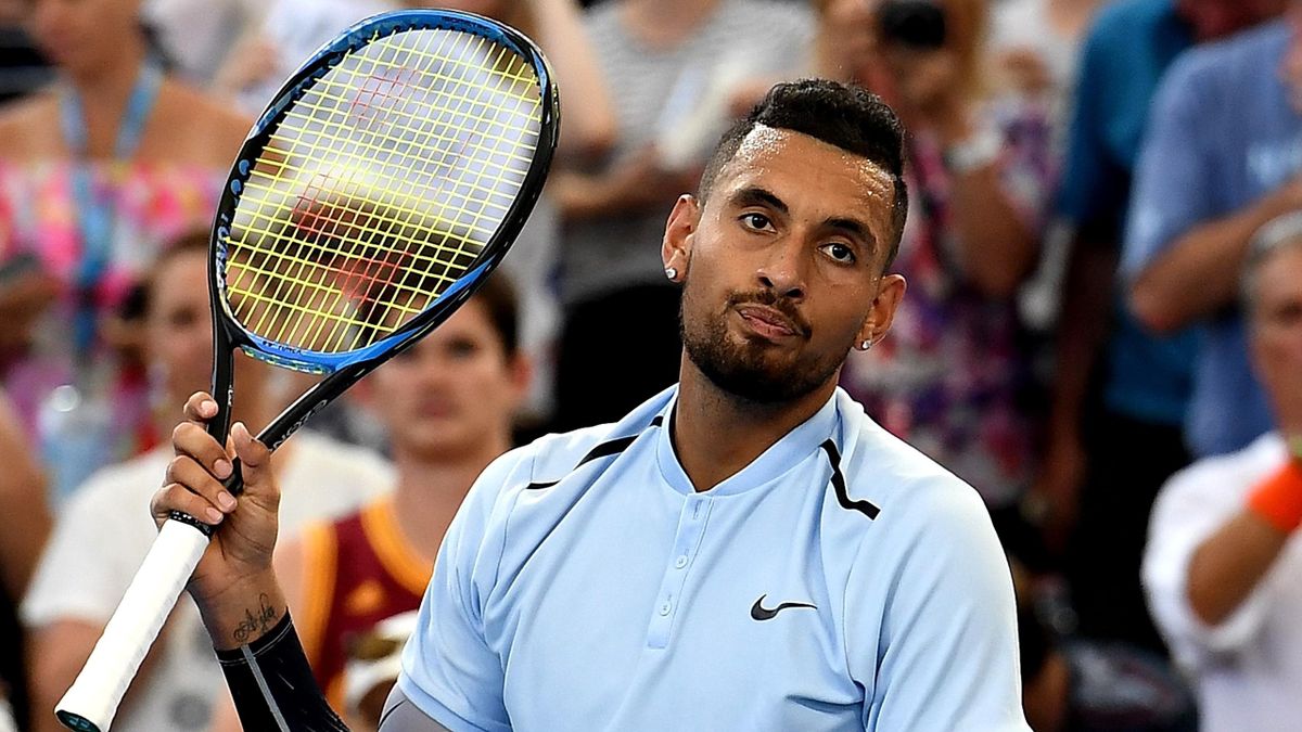Nick Kyrgios of Australia wins his semi final match against Grigor Dimitrov of Bulgaria during day seven of the 2018 Brisbane International at Pat Rafter Arena