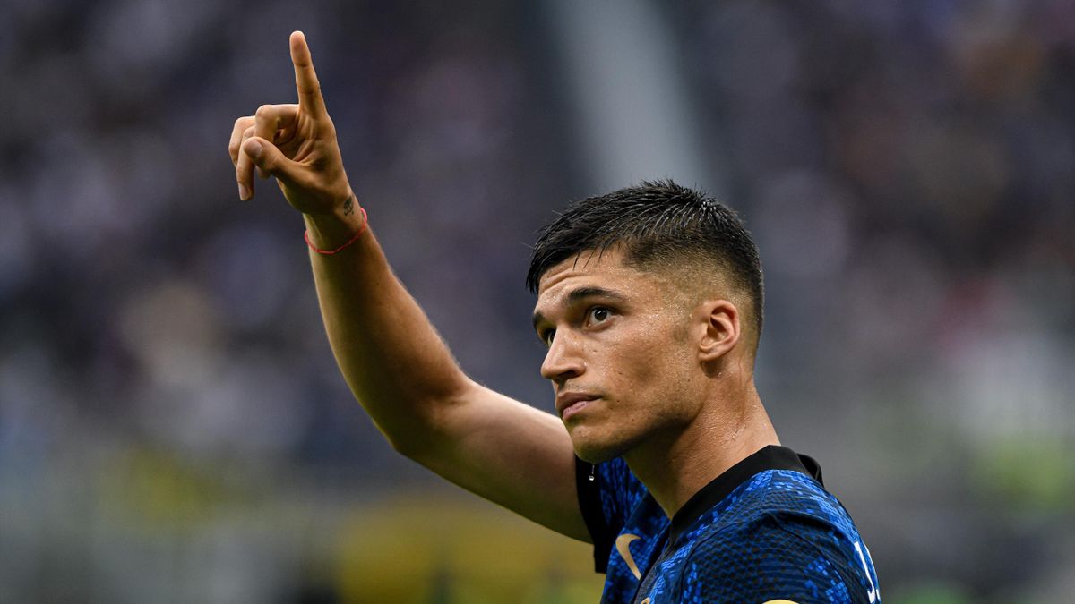 Joaquin Correa of FC Internazionale celebrates after scoring a goal during the Italian Serie A football championship match between FC Internazionale and Sampdoria in Milan, Italy on May 22, 2022