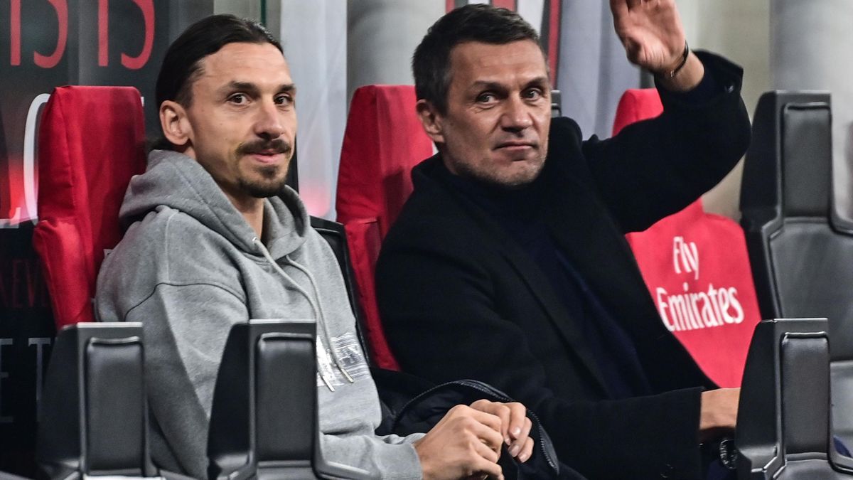 AC Milan's Swedish forward Zlatan Ibrahimovic (L) and AC Milan technical director, former international Italian defender Paolo Maldini sit in a tribune prior to the Italian Serie A football match AC Milan vs Udinese on March 03, 2021.