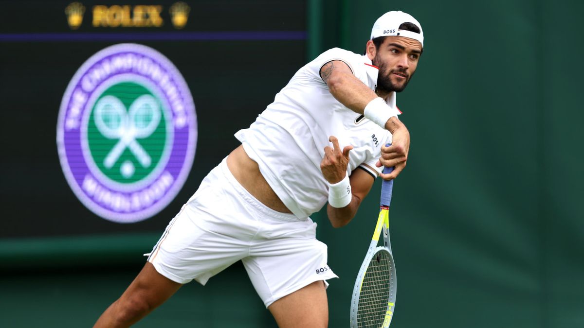 Matteo Berrettini of Italy serves during a practice session ahead of The Championships Wimbledon 2022 at All England Lawn Tennis and Croquet Club on June 24, 2022 in London, England.