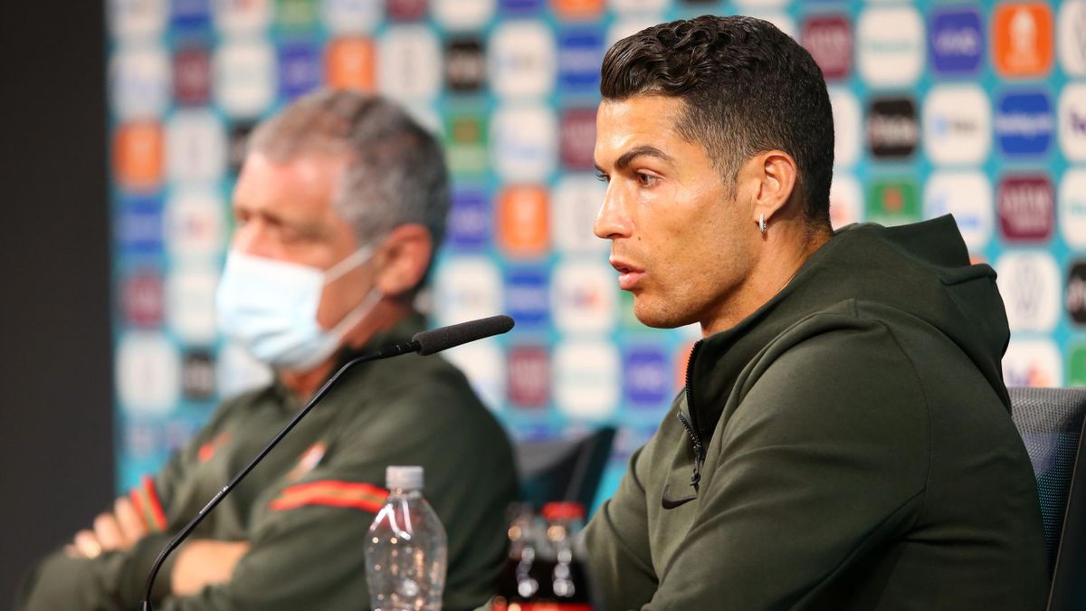 Cristiano Ronaldo of Portugal speaks to the media during the Portugal Press Conference ahead of the Euro 2020