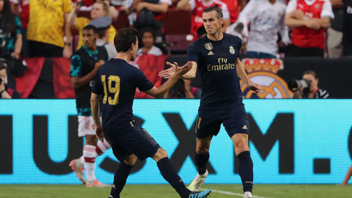 Gareth Bale of Real Madrid celebrates after scoring a goal to make it 1-2 during the International Champions Cup fixture between Real Madrid and Arsenal at FedExField on July 23, 2019 in Landover, Maryland.