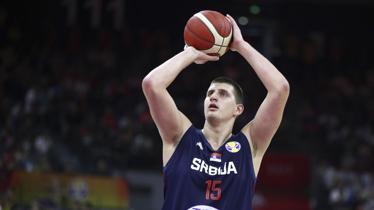Nikola Jokic #15 of Serbia shoots the ball during the 2019 FIBA Basketball World Cup Group D match between Angola and Serbia at Foshan International Sports and Cultural Center on August 31, 2019 in Foshan, Guangdong Province of China