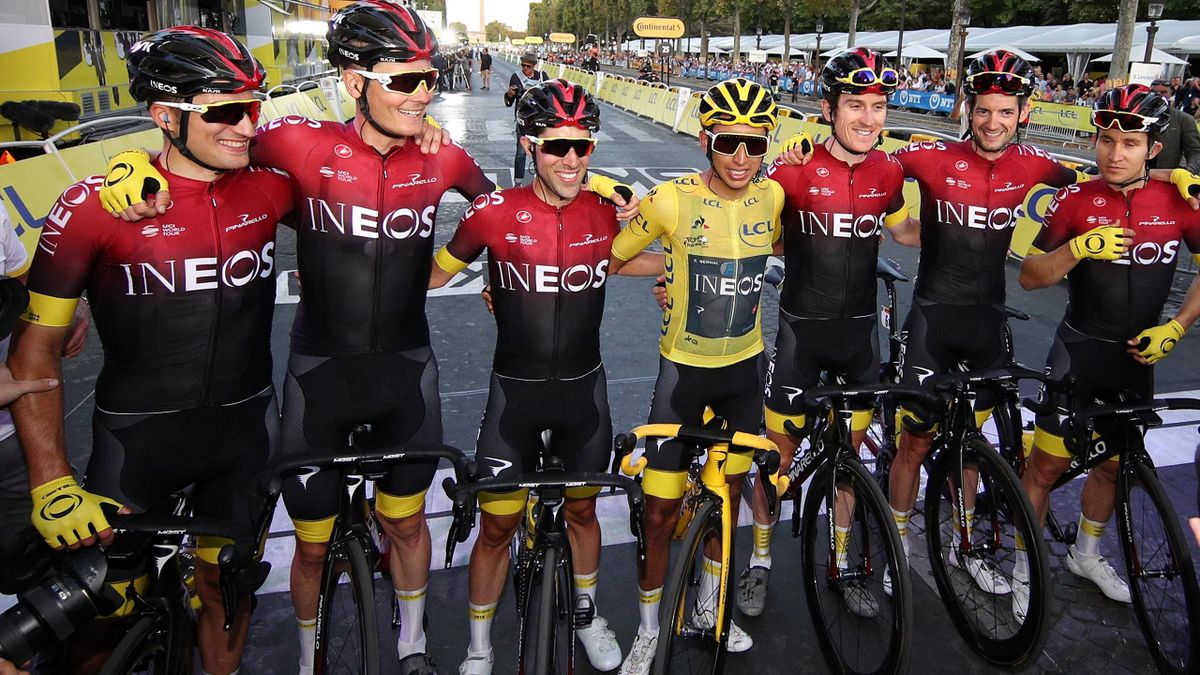 PARIS, FRANCE - JULY 28: Arrival / Geraint Thomas of United Kingdom and Team INEOS / Egan Bernal of Colombia and Team INEOS Yellow Leader Jersey / Jonathan Castroviejo of Spain and Team INEOS / Michal Kwiatkowski of Poland and Team INEOS / Gianni Moscon o