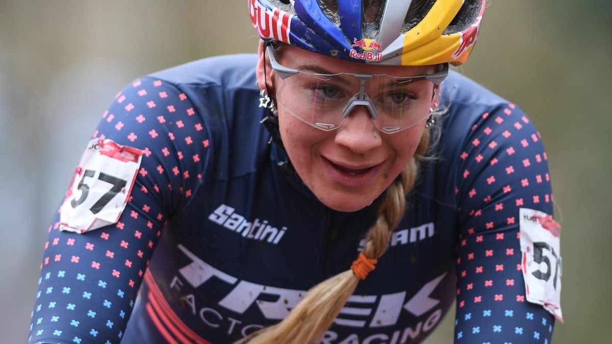 British Evie Richards pictured in action during the women's elite race of the 'Druivencross' cyclocross cycling event, last stage of the UCI World Cup competition, in Overijse, Belgium,