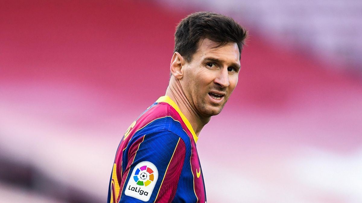 Lionel Messi of FC Barcelona looks on during the La Liga Santander match between FC Barcelona and RC Celta at Camp Nou on May 16, 2021 in Barcelona, Spain