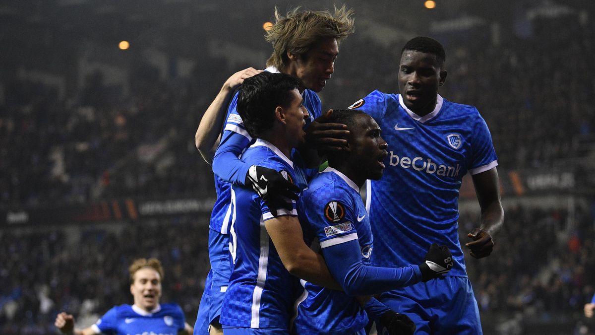 Genk's Daniel Munoz Mejia, Genk's Junya Ito, Genk's Joseph Paintsil and Genk's Paul Onuachu celebrate after scoring during a soccer game between Belgian KRC Genk and English club West Ham United, Thursday 04 November 2021 in Genk, on the fourth day of the