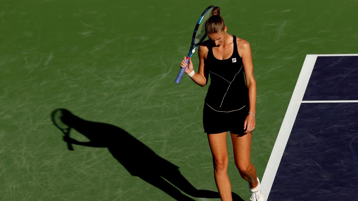 Karolina Pliskova of Czech Republic reacts to a lost point while playing Beatriz Haddad Maia of Brazil during the BNP Paribas Open at the Indian Wells Tennis Garden on October 11, 2021 in Indian Wells, California