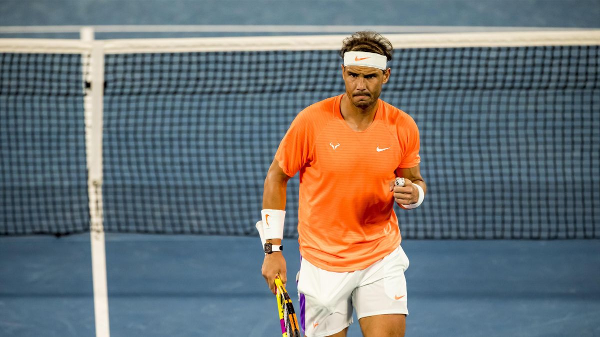 Rafael Nadal of Spain celebrates after winning a game during round 3 of the 2021 Australian Open on February 13 2020, at Melbourne Park