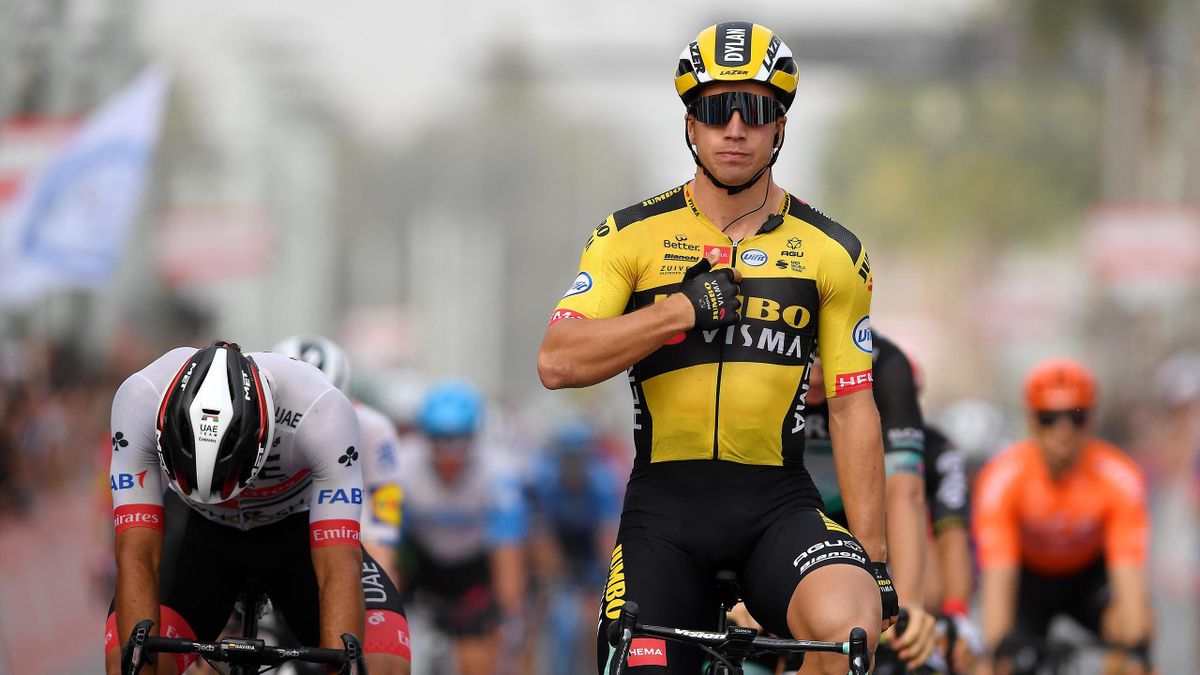 Dylan Groenewegen of The Netherlands and Team Jumbo - Visma / Celebration / Fernando Gaviria Rendon of Colombia and UAE Team Emirates / during the 6th UAE Tour 2020, Stage 4 a 173km stage from Zabeel Park to Dubai City Walk 419m