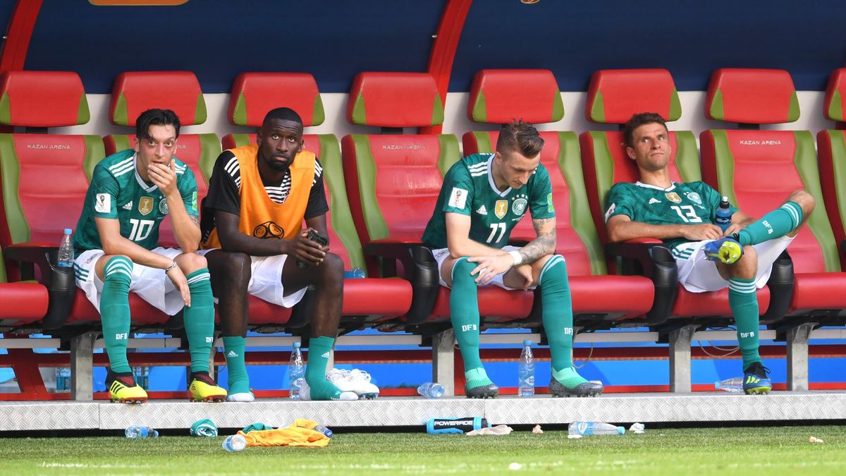 Germany players look dejected following their sides defeat in the 2018 FIFA World Cup Russia group F match between Korea Republic and Germany at Kazan Arena on June 27, 2018 in Kazan, Russia