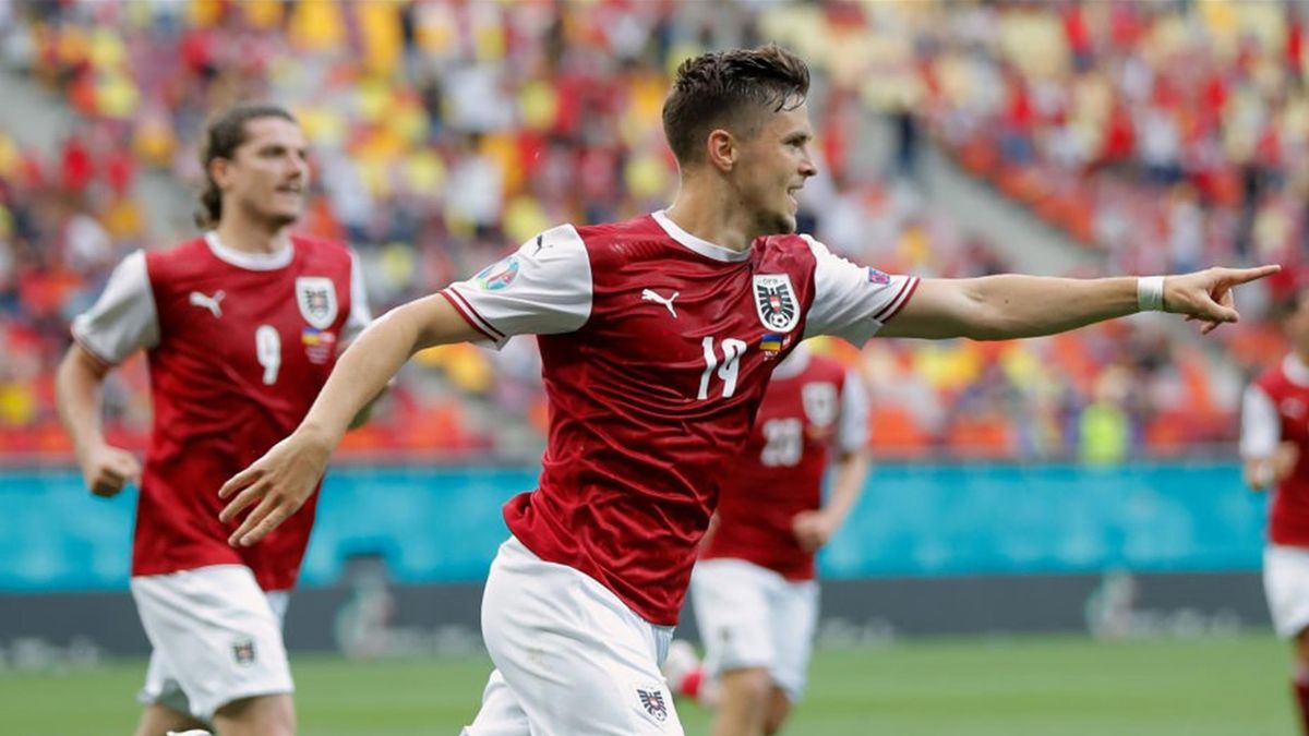 Christoph Baumgartner of Austria celebrates after scoring their side's first goal during the UEFA Euro 2020 Championship Group C match between Ukraine and Austria at National Arena on June 21, 2021 in Bucharest