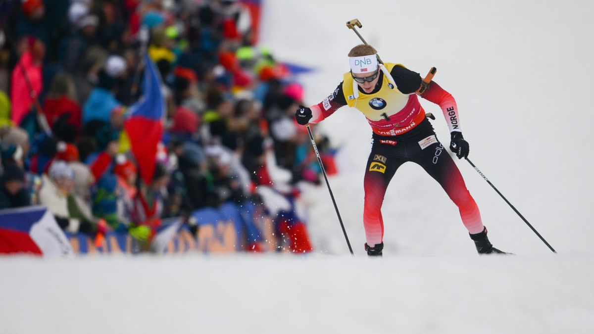 Johannes Thingnes Boe of Norway competes during the Men's 12.5Km pursuit at the IBU World Cup Biathlon in Nove Mesto, Czech Republic, on December 22, 2018. (Photo by Michal CIZEK / AFP) (Photo credit should read MICHAL CIZEK/AFP/Getty Images)