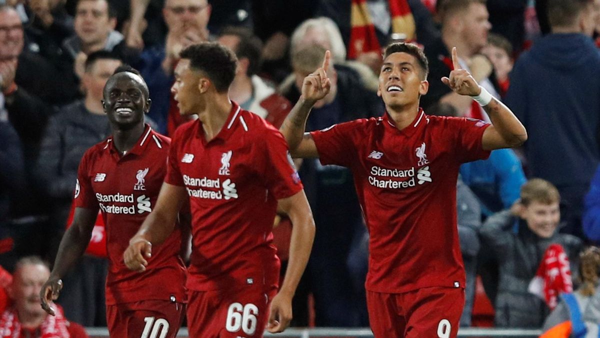 Liverpool's Roberto Firmino celebrates scoring their third goal