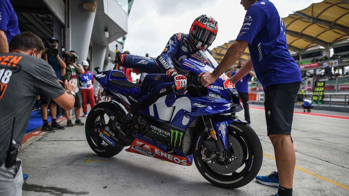 Movistar Yamaha MotoGP's Spanish rider Maverick Vinales prepares to leave the pit lane during the first practice session of the Malaysia MotoGP at the Sepang International Circuit in Sepang on November 2, 2018