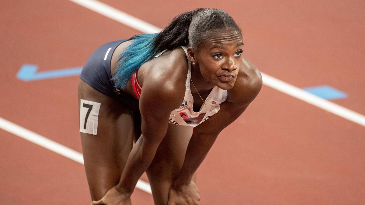 Dina Asher-Smith of Great Britain reacts to missing out on a place in the final after the 100m semi finals for women during the Athletics competition at the Olympic Stadium at the Tokyo 2020 Summer Olympic Games