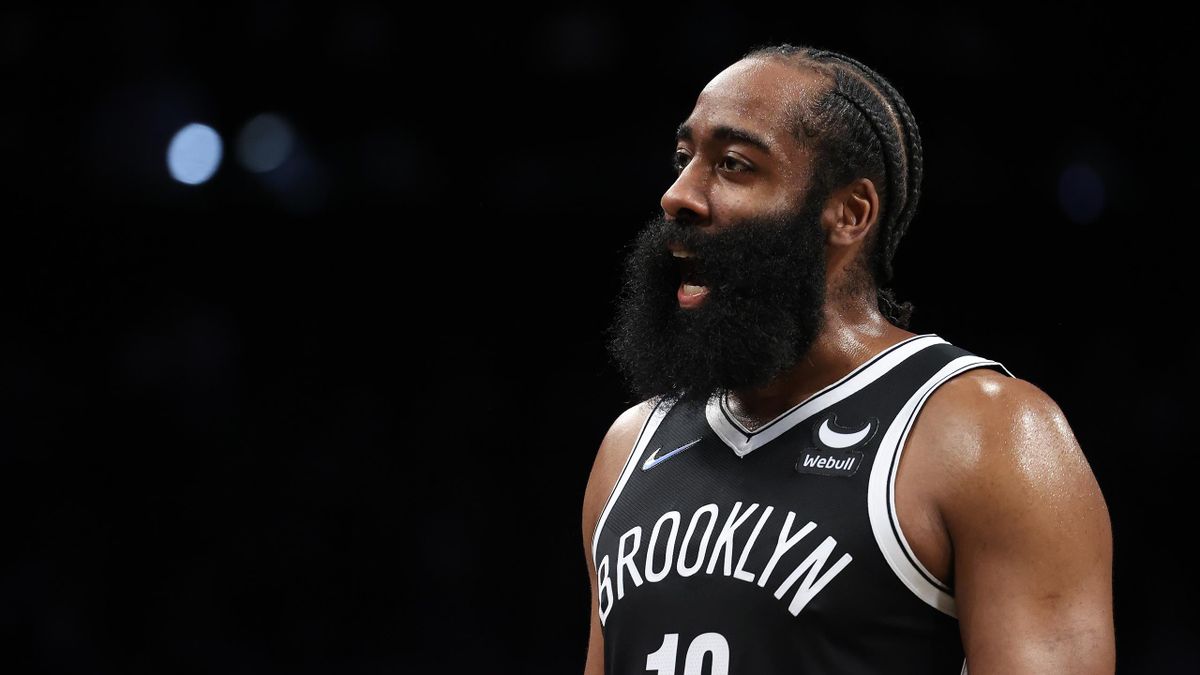 James Harden #13 of the Brooklyn Nets reacts against the Miami Heat during their game at Barclays Center on October 27, 2021 in New York City.