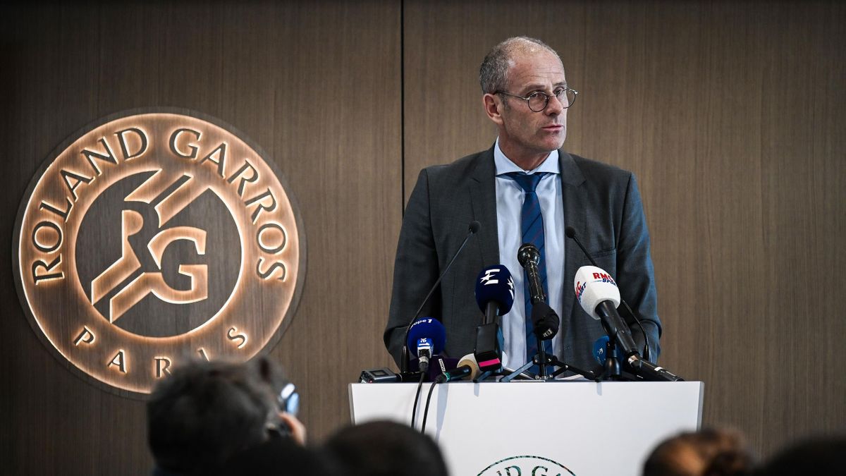 Former French tennis player and head of the Roland-Garros tennis tournament Guy Forget addresses a press conference before the inauguration ceremony of the contemporary greenhouses of Auteuil and the new Simonne Mathieu tennis court at Roland-Garros in Pa